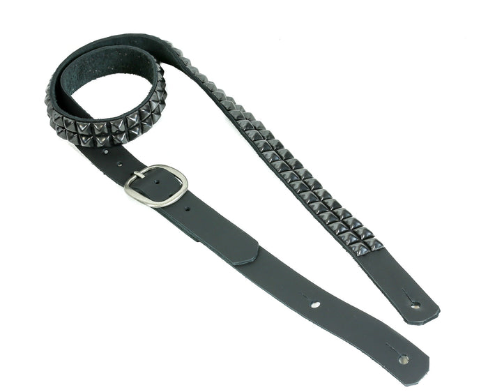 1 1/4" Wide Double 1/2" Gunmetal Pyramid Stud Black Cowhide Leather Buckle Guitar Strap