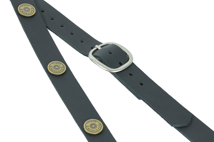 1 1/4" Wide Shotgun Shell Black Cowhide Leather Buckle Guitar Strap