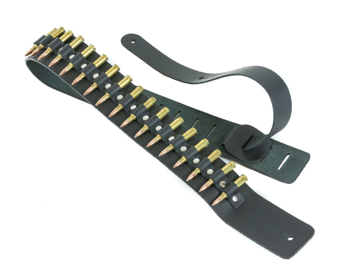 2 1/4" Wide .223 Brass Real Bullet Black Cowhide Classic Guitar Strap