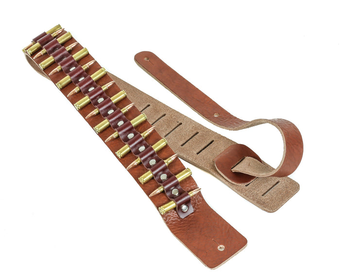 2 1/4" Wide .223 Brass Real Bullet Tan Saddle Classic Guitar Strap