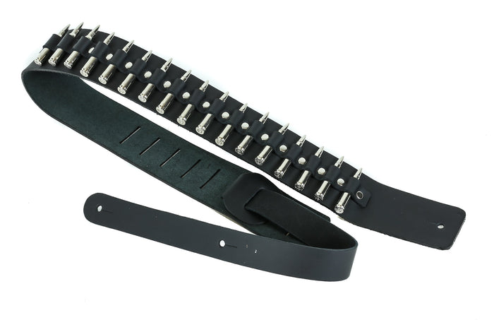2 1/4" Wide .223 Nickel Real Bullet Black Cowhide Classic Guitar Strap