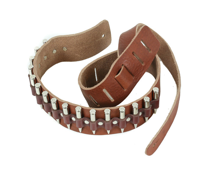 2 1/4" Wide .223 Nickel Real Bullet Brown Saddle Classic Guitar Strap