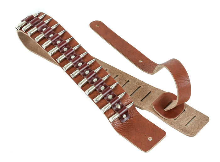 2 1/4" Wide .223 Nickel Real Bullet Tan Saddle Classic Guitar Strap