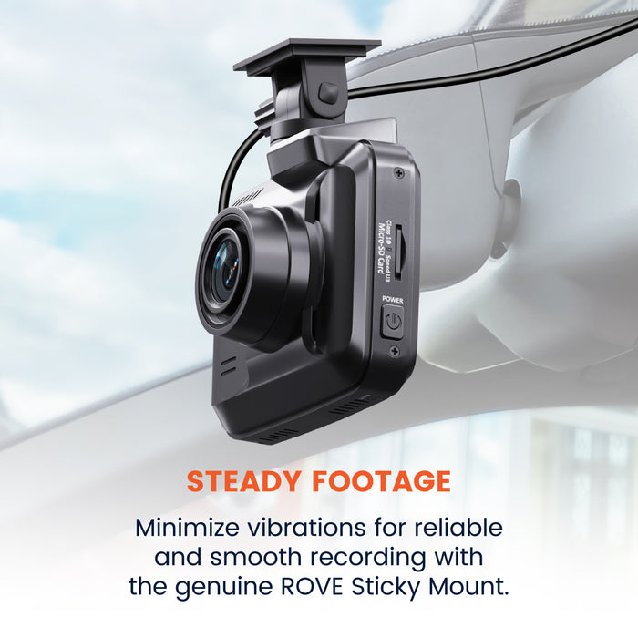 Dash cam mounted on a black sticky mount for steady recording