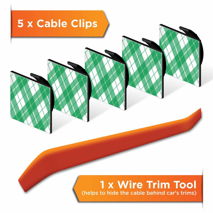 Cable hiding clips with black fasteners, green plaid covers, and wire trim tool