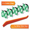 Cable hiding clips with black fasteners, green plaid covers, and wire trim tool