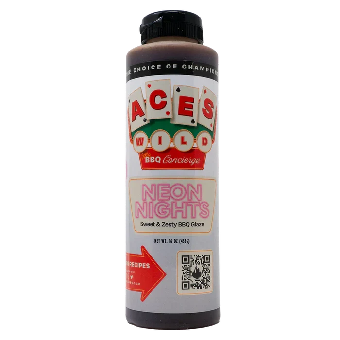 Aces Wild Neon Nights Sweet & Zesty BBQ Glaze bottle with vibrant label showcasing sweet zesty BBQ glaze.