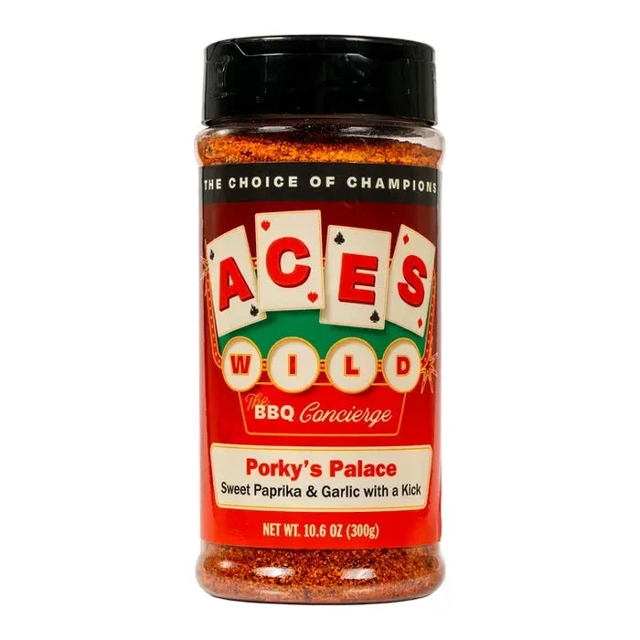 Aces Wild Porky's Palace Rub, a pork seasoning rub with sweet paprika and garlic for flavorful BBQ dishes.