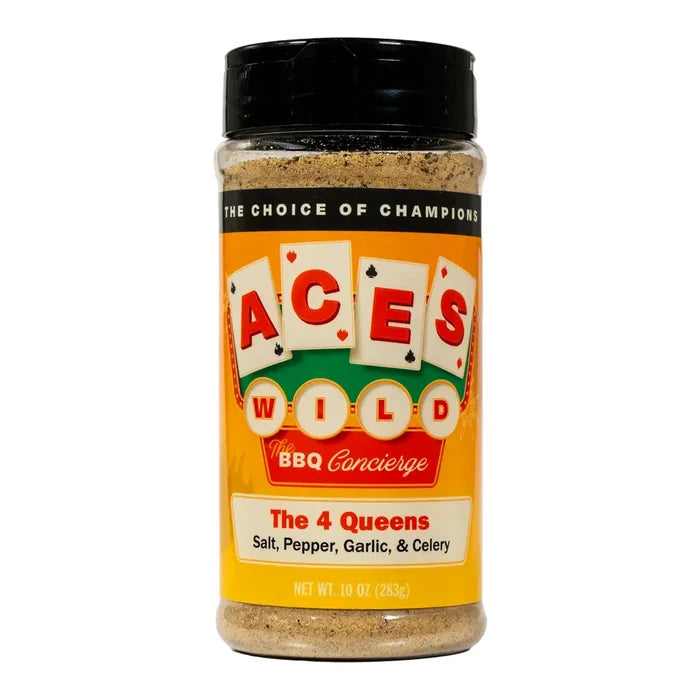 Aces Wild The 4 Queens AP Rub, an all purpose BBQ rub with layers of flavor for meats and vegetables.
