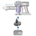 AEG 18V to Dyson V6 battery adapter - compatibility diagram showing battery, adapter and cordless handheld vacuum