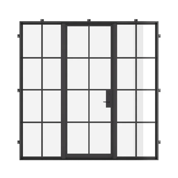Single flat exterior steel door with sidelights, NFRC-rated glass