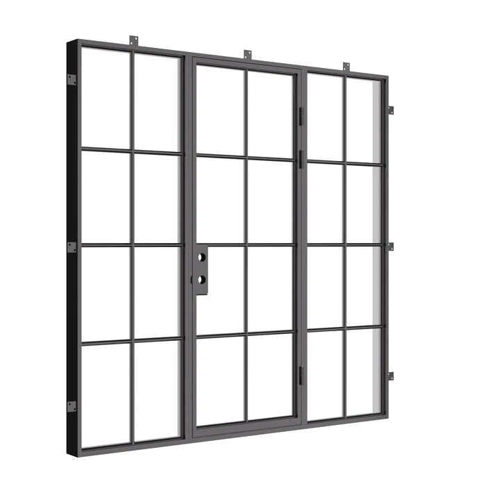 Contemporary single flat exterior steel door and side glass panels