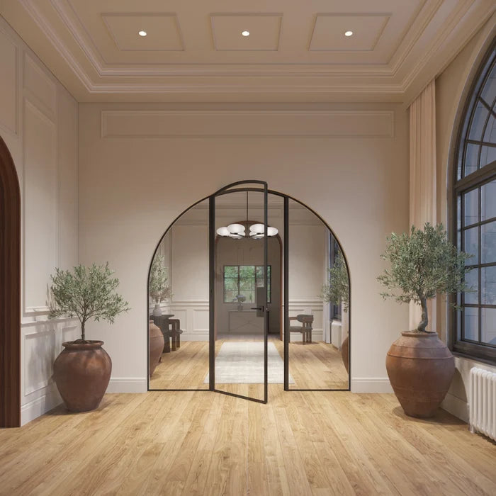 Single full arch glass steel door with sidelights and modular system