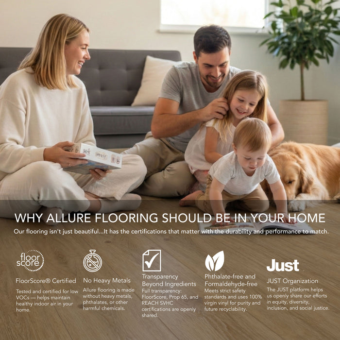 Family with children and a dog in a living room, with Allure flooring visible.