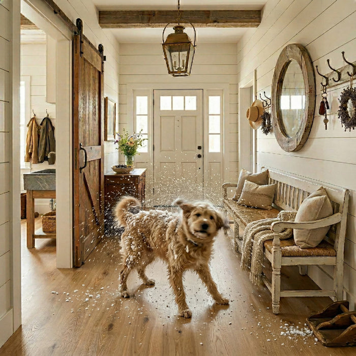Dog standing in a cozy hallway with vinyl floors, a bench, and decorative items.