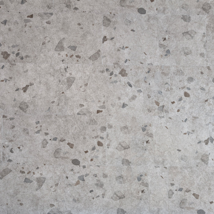 Overhead view of Allure Galaway Grey terrazzo vinyl flooring
