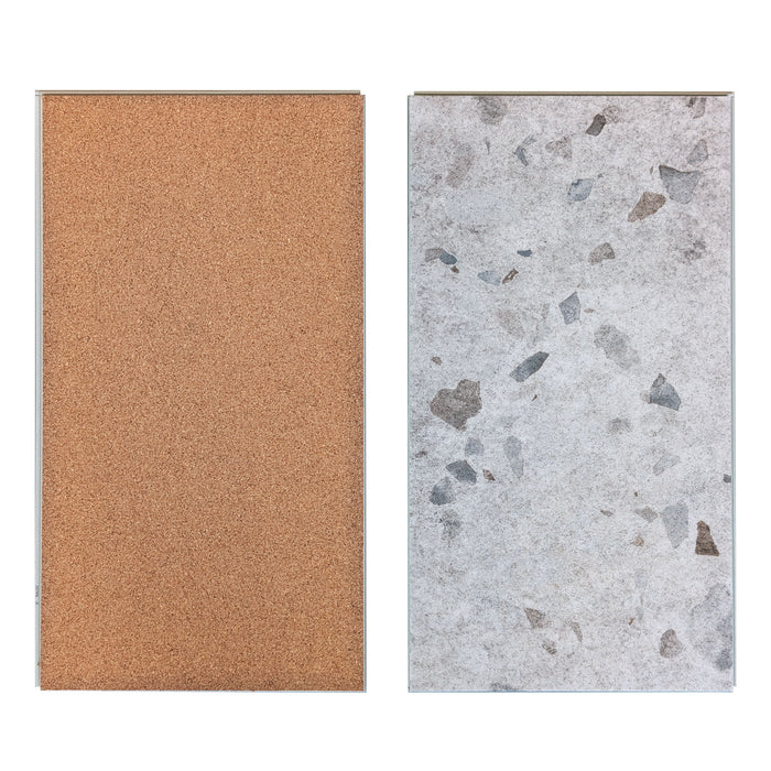 Allure Galaway Grey terrazzo vinyl tile with cork backing viewed from the front and back on a white background