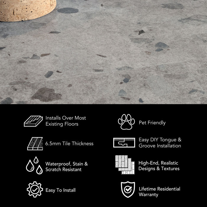 Allure Galaway Grey Terrazzo flooring infographic with features and benefits