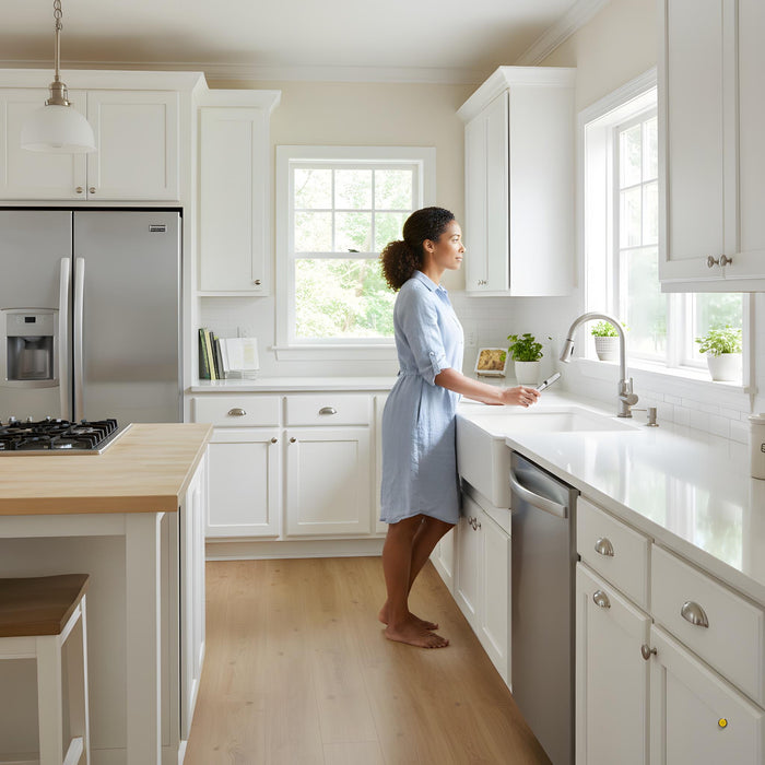 Woman standing in a modern kitchen with Allure LVP flooring, white cabinets and stainless steel appliances.