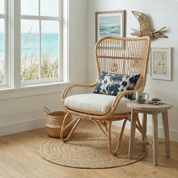 Rattan armchair with a cushion in a room with large windows and decorative elements.