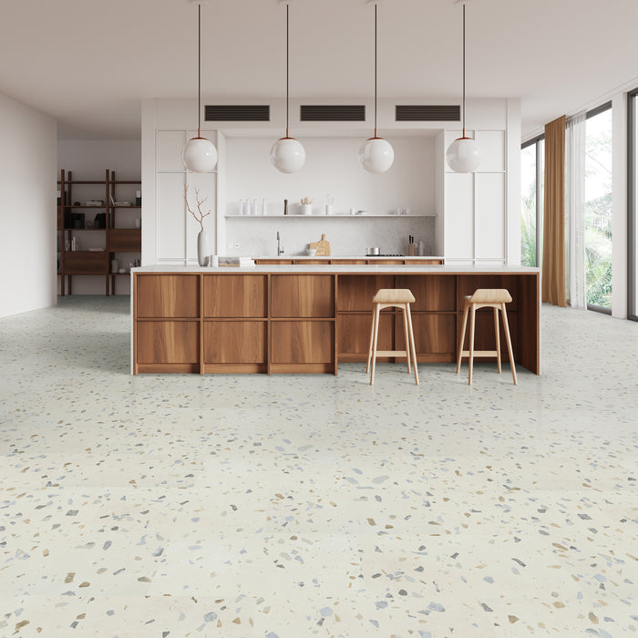 Allure Ultima Parfait Terrazzo Vinyl Flooring in a mid century modern kitchen