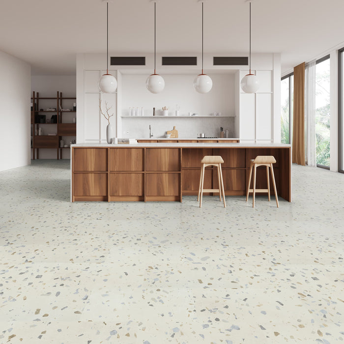 Allure Ultima Parfait Terrazzo Vinyl Flooring in a mid century modern kitchen