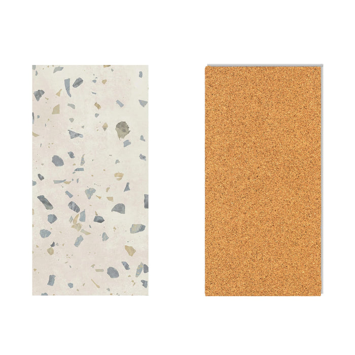 The front view of ultima parfait terrazzo tile and the back view of the pre-attached cork on a white background.