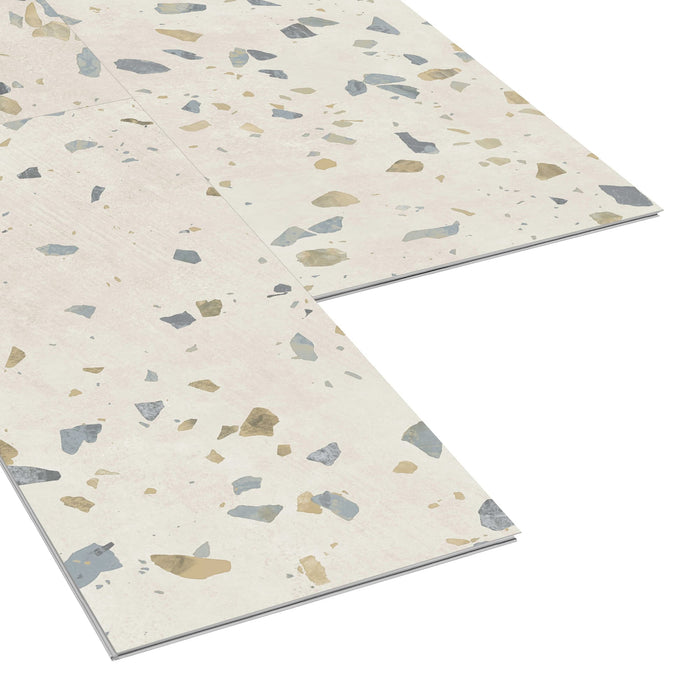 Allure Ultima Parfait Terrazzo 22mil ISOCORE vinyl flooring tiles viewed at an angle to see the locking edges
