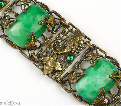Antique Art Nouveau Czech Grape Green Peking Glass Cabochon Bracelet Victorian