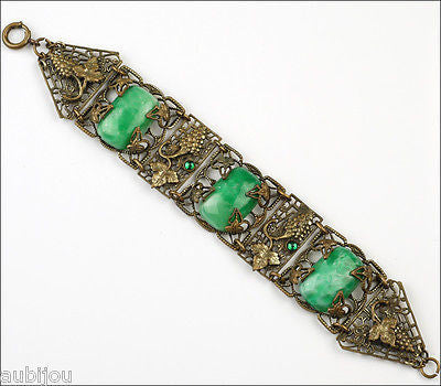 Antique Art Nouveau Czech Grape Green Peking Glass Cabochon Bracelet Victorian