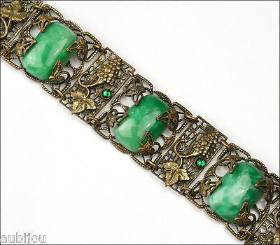 Antique Art Nouveau Czech Grape Green Peking Glass Cabochon Bracelet Victorian