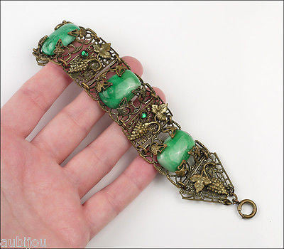 Antique Art Nouveau Czech Grape Green Peking Glass Cabochon Bracelet Victorian