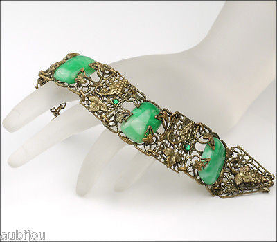 Antique Art Nouveau Czech Grape Green Peking Glass Cabochon Bracelet Victorian
