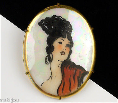Antique Hand Painted Porcelain Portrait Miniature Spanish Girl Romani Brooch Pin