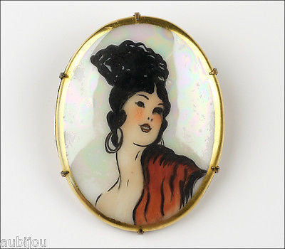 Antique Hand Painted Porcelain Portrait Miniature Spanish Girl Romani Brooch Pin
