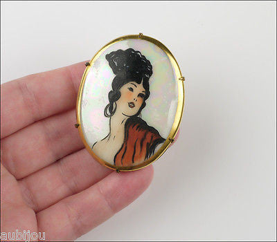 Antique Hand Painted Porcelain Portrait Miniature Spanish Girl Romani Brooch Pin