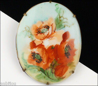 Antique Porcelain Art Nouveau Hand Painted Floral Red Poppy Flower Brooch Pin