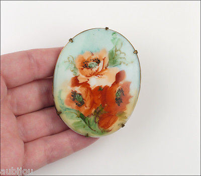 Antique Porcelain Art Nouveau Hand Painted Floral Red Poppy Flower Brooch Pin