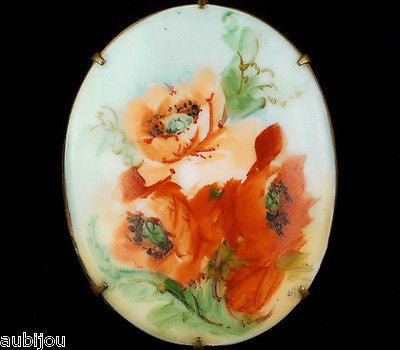 Antique Porcelain Art Nouveau Hand Painted Floral Red Poppy Flower Brooch Pin
