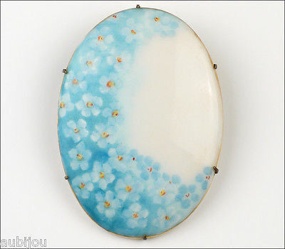 Antique Porcelain Hand Painted Floral Light Blue Forget Me Not Flower Brooch Pin