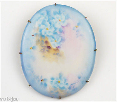 Antique Porcelain Hand Painted Floral Light Blue Forget Me Not Flower Brooch Pin