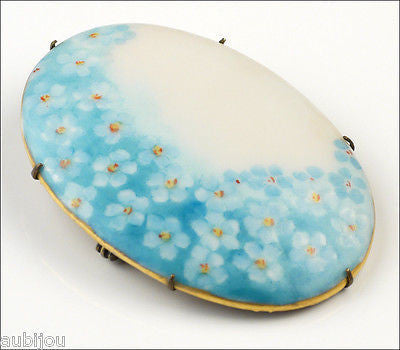 Antique Porcelain Hand Painted Floral Light Blue Forget Me Not Flower Brooch Pin