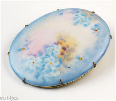 Antique Porcelain Hand Painted Floral Light Blue Forget Me Not Flower Brooch Pin