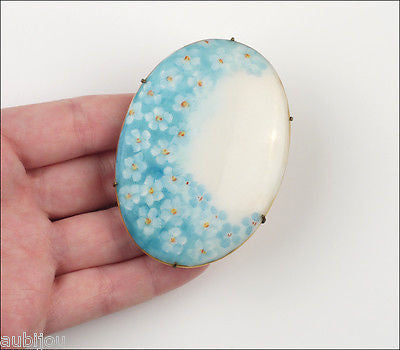 Antique Porcelain Hand Painted Floral Light Blue Forget Me Not Flower Brooch Pin