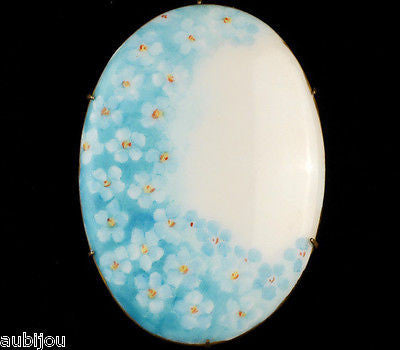 Antique Porcelain Hand Painted Floral Light Blue Forget Me Not Flower Brooch Pin