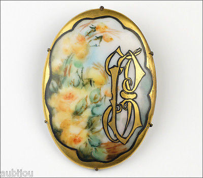 Antique Victorian Porcelain Hand Painted Floral Rose Monogram Flower Brooch Pin
