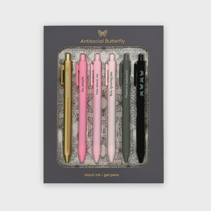 Antisocial Butterfly Black Ink Gel Pens 6pk
