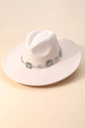 Beige- Chain Strap Flat Brim Fedora Fashion Hat