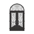Beverly double flat swing door with radius top transom in black color.