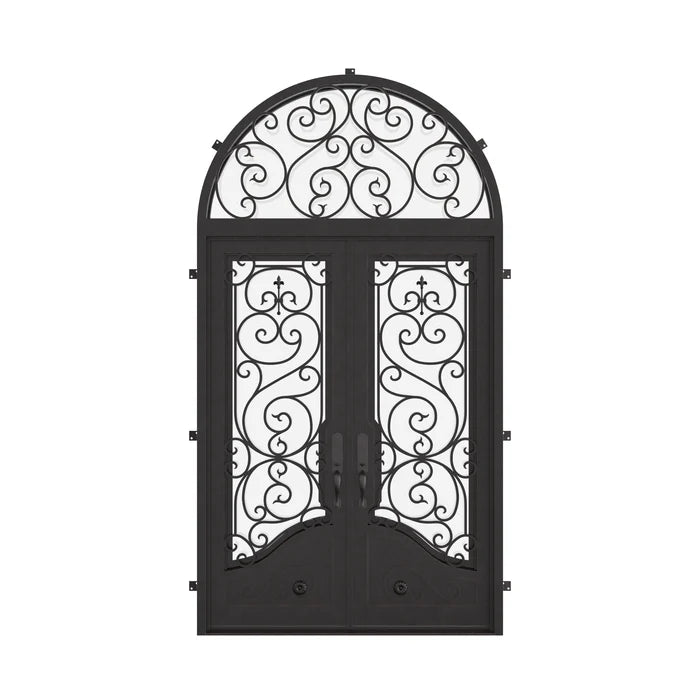Beverly double flat swing door with radius top transom in black color.